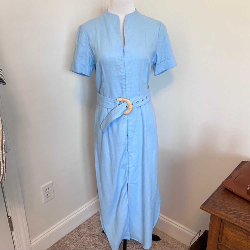 NEW FORCYNTHIA Blue Linen Blend Midi Short Sleeve Dress Small